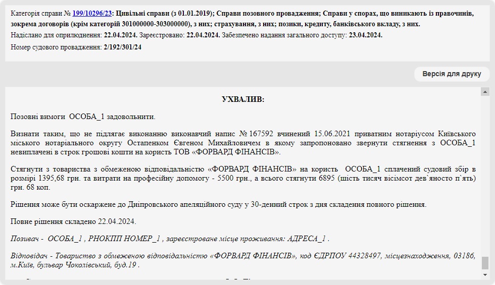 Справа № 199/10296/23: Скасували виконавчий напис нотаріуса від ТОВ «ФОРВАРД ФІНАНСІВ»